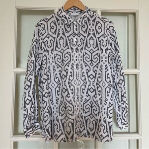 J Jill 100% linen black and white print button up shirt size small